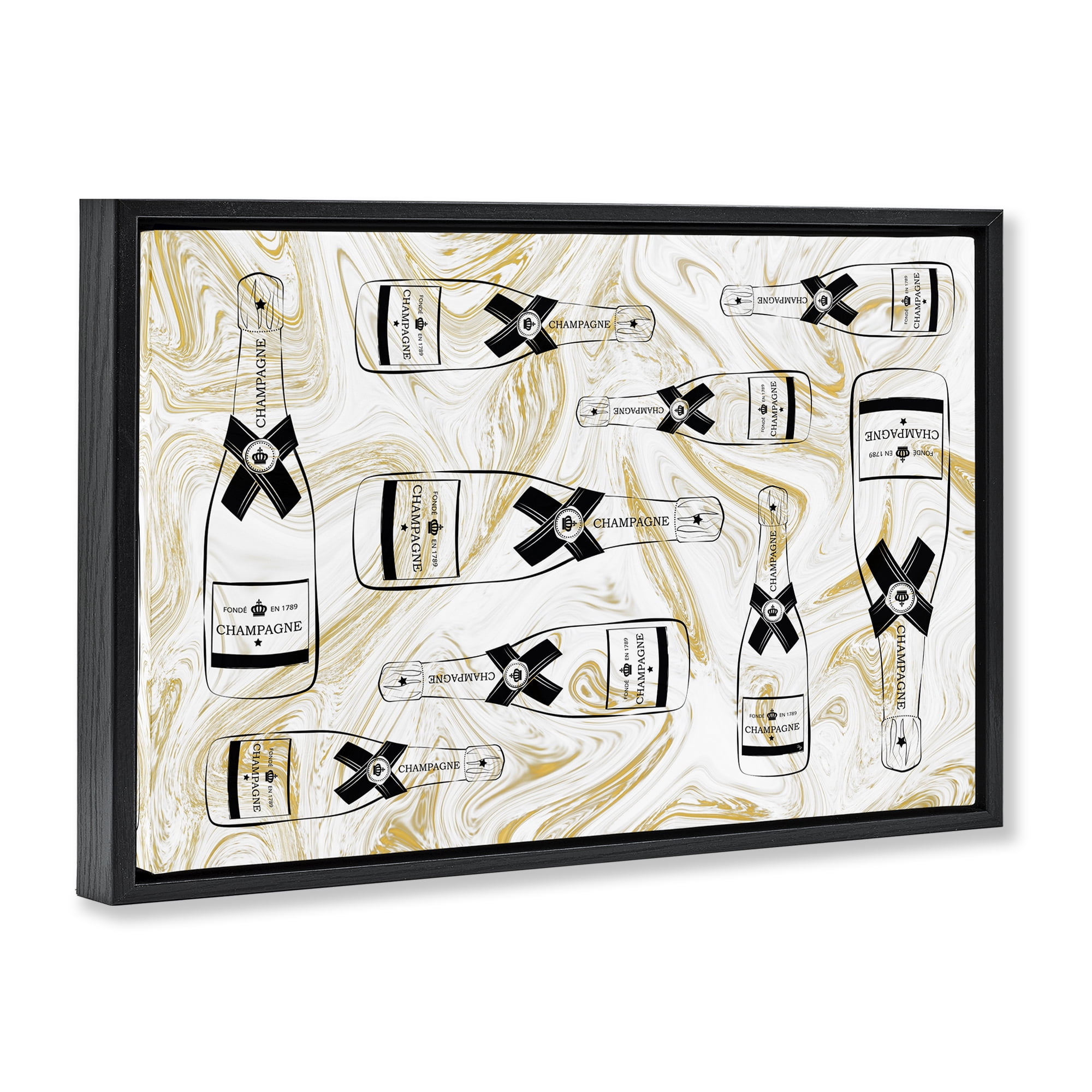 Stupell Industries Gold Streaked Champagne Food & Beverage Painting Black Floater Framed Canvas Art Print Wall Art, 25 x 17