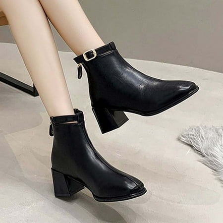 

Qepwscx Black Knee High Boots Women S Boots Women S Chunky Heel Middle-Heels Boots Round-Toe Retro Back Zipper Metal Belt Buckle Short Boots Tall Boots