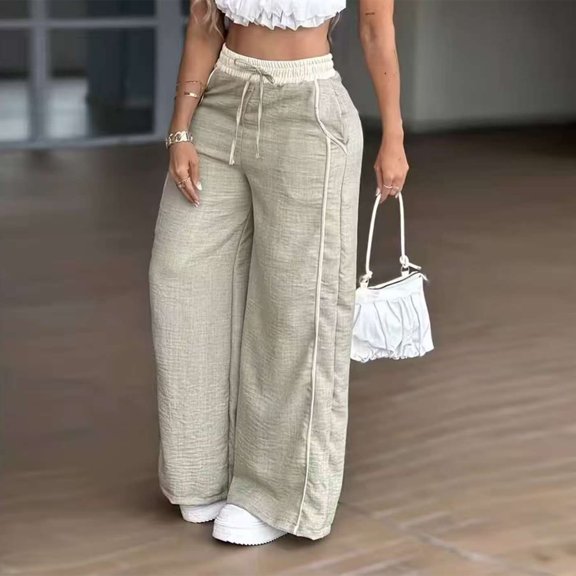 Women's Casual Wide Leg Pants Lightweight Drawstring Waist with Side Pockets Summer Comfy Slacks Beige XL
