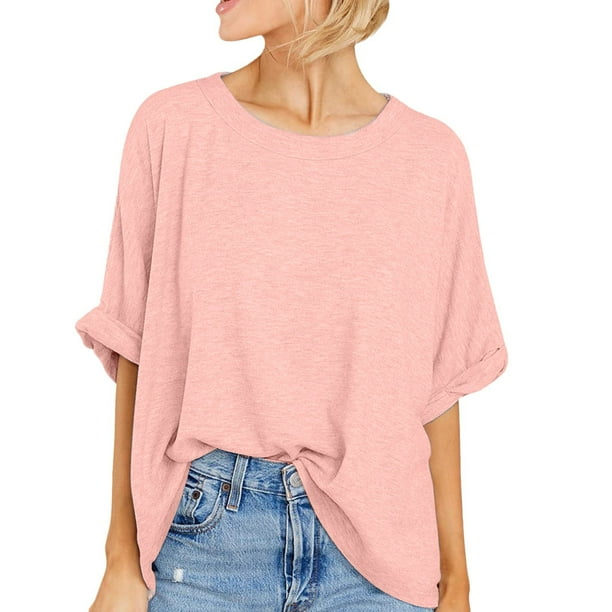 Camiseta informal holgada de manga corta para mujer: mezcla de algodón, diseño estampado, versátil para fiestas y uso diario (tallas S-XXL)