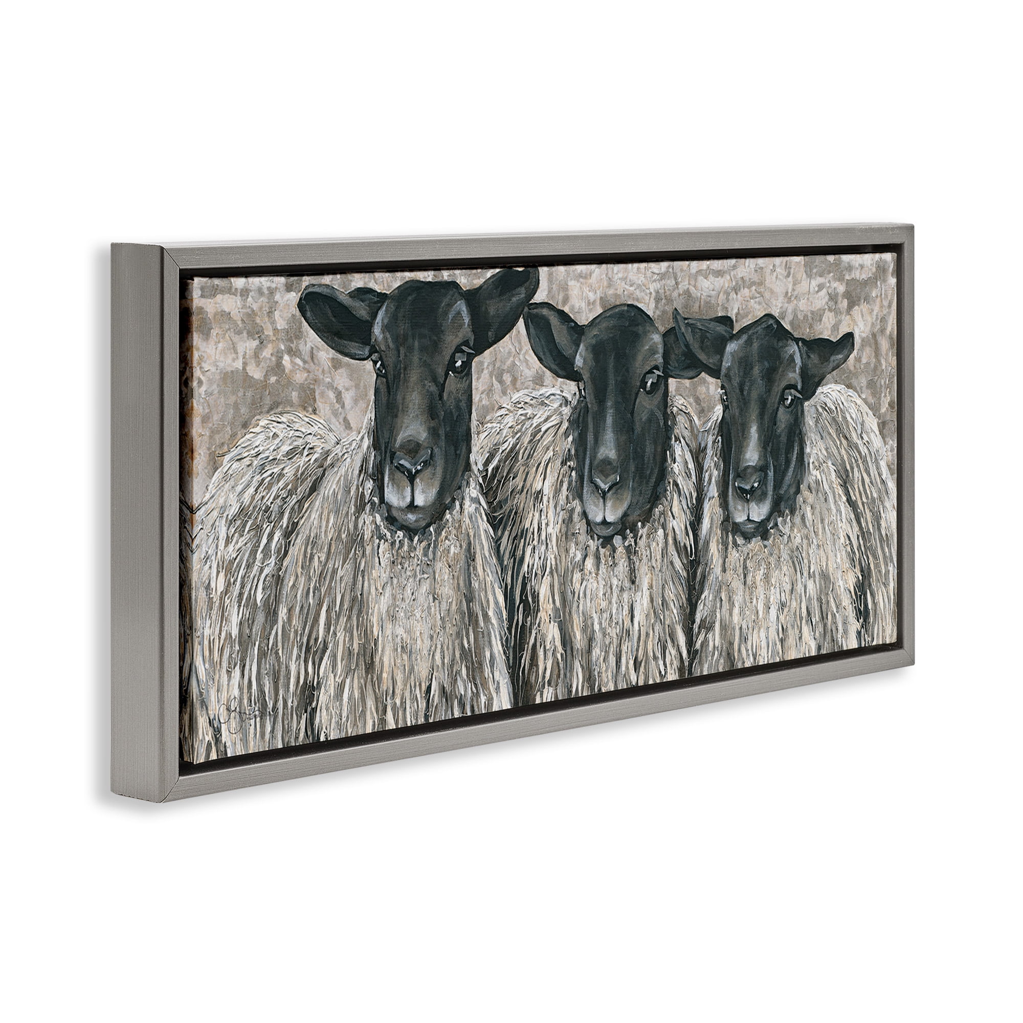 Stupell Industries Three Sheep Trio Portrait Animals & Insects Painting Gray Floater Framed Canvas Art Print Wall Art, 31 x 14