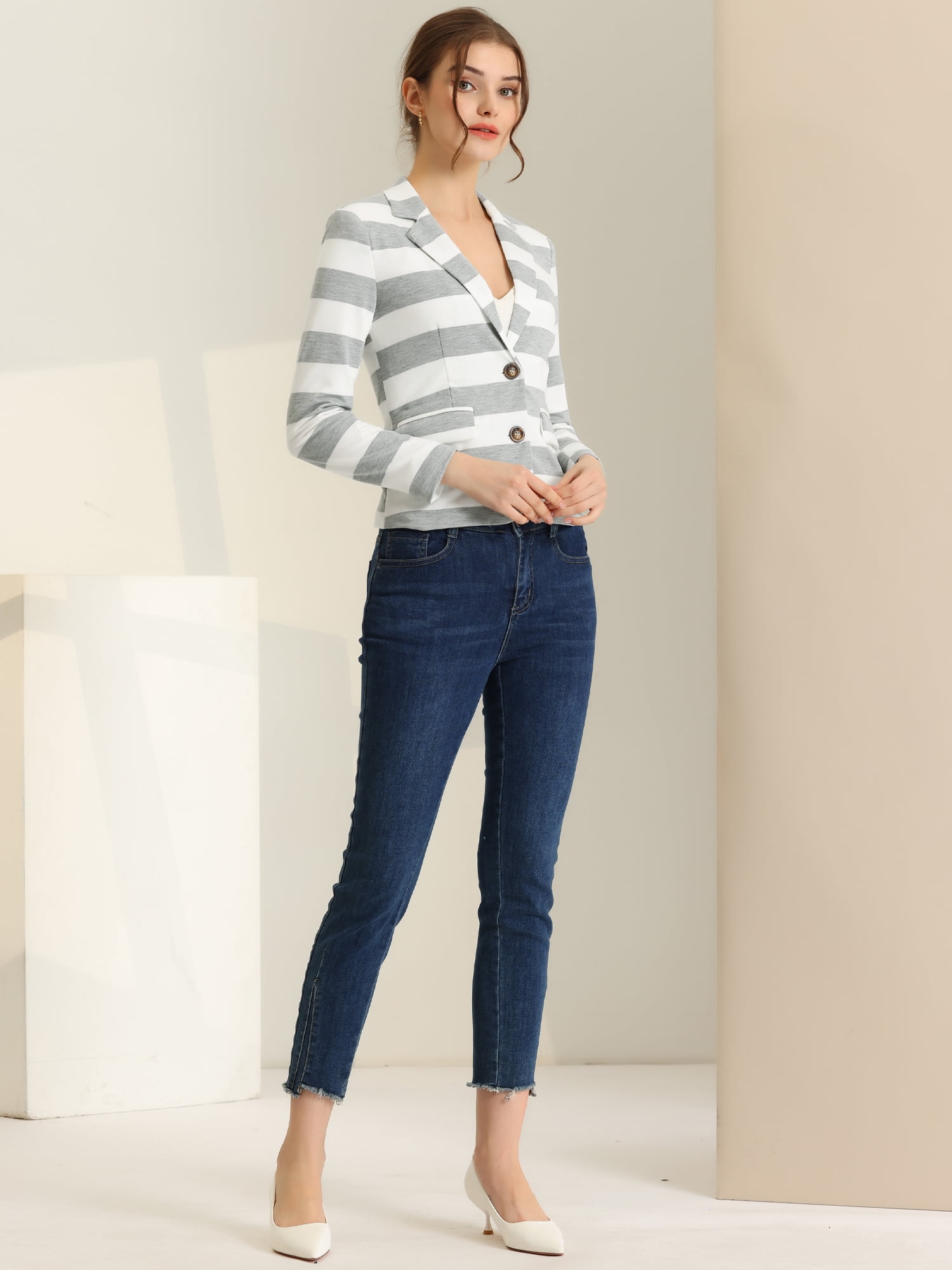 DARING DIVA Women's Striped Notched Lapel Button Closure Blazer L Light Grey