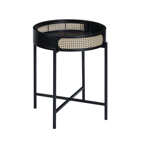 ACME Colson Tray Top Round Wooden End Table with Rattan Insert in Black