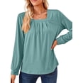 thumbnail image 3 of SHIBEVER Women's Long Sleeve Tops Casual Pleated Blouse Loose Fit Square Neck Tunics Trendy Solid Color Green Size XL, 3 of 5