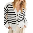 thumbnail image 4 of V Neck Button Down Long Sleeve Open Front Ribbed Knit Outerwear Womens Striped Cardigan Sweaters, 4 of 6