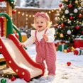 thumbnail image 3 of Pandaie Infant Baby Girls Plaid Suspender Romper Set Ruffle Long Sleeve Ribbed Bodysuit Bow Headband Holiday Photo Shoot Daily Casual Outfits Red,3-6 Months, 3 of 7