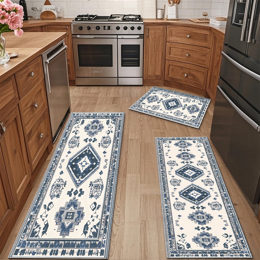 TECHVIDA Kitchen Rug Set 3 Piece,Non Slip Machine Washable Kitchen Rugs,Farmhouse Hallway Door Rugs for Home Floor