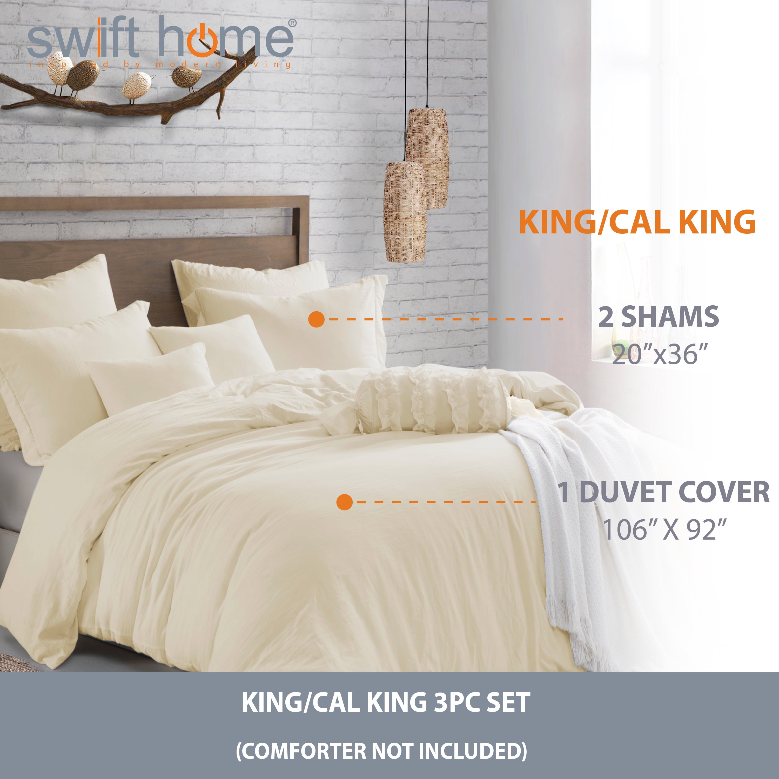 Swift Home Ultra Soft Crinkled Texture Pre-Washed Duvet Cover & Sham Set (Comforter not Included), King/Cal King (106"x 92"), Sweet Cream