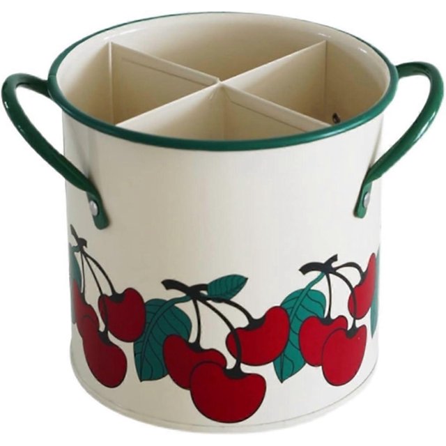 Tableware rack drain, retro cherry spoon, spoon, pot clamp, kitchen utensil, stick, can, storage box, with 4 grille metal bucket trays