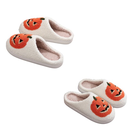 GrmtClth Ladies Cozy Plush Lined Slide Slippers Spooky Halloween Pumpkin Pattern Soft Non Slip Sole Home Bedroom Slippers White 36(US/5.5)