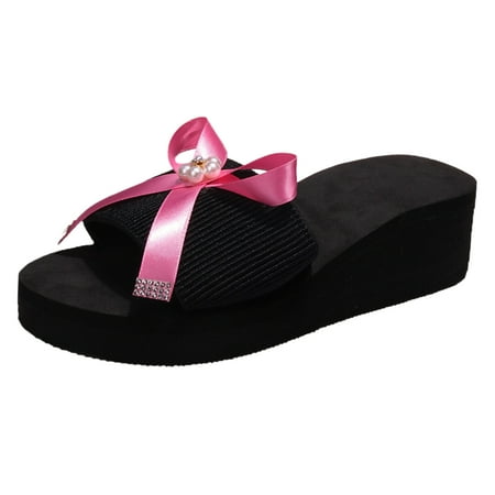 

zttd fashion summer women slippers thick soles wedge heel slip on open toe breathable comfortable pearl ribbon bow beach casual women s slipper a