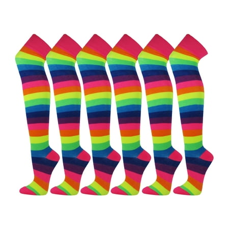 

Over Knen Leg Warmer Fashion Design Cotton Thigh High Stockings Cosplay Socks - 6 Pair Combo (Neon Rainbow Wider Stripes)
