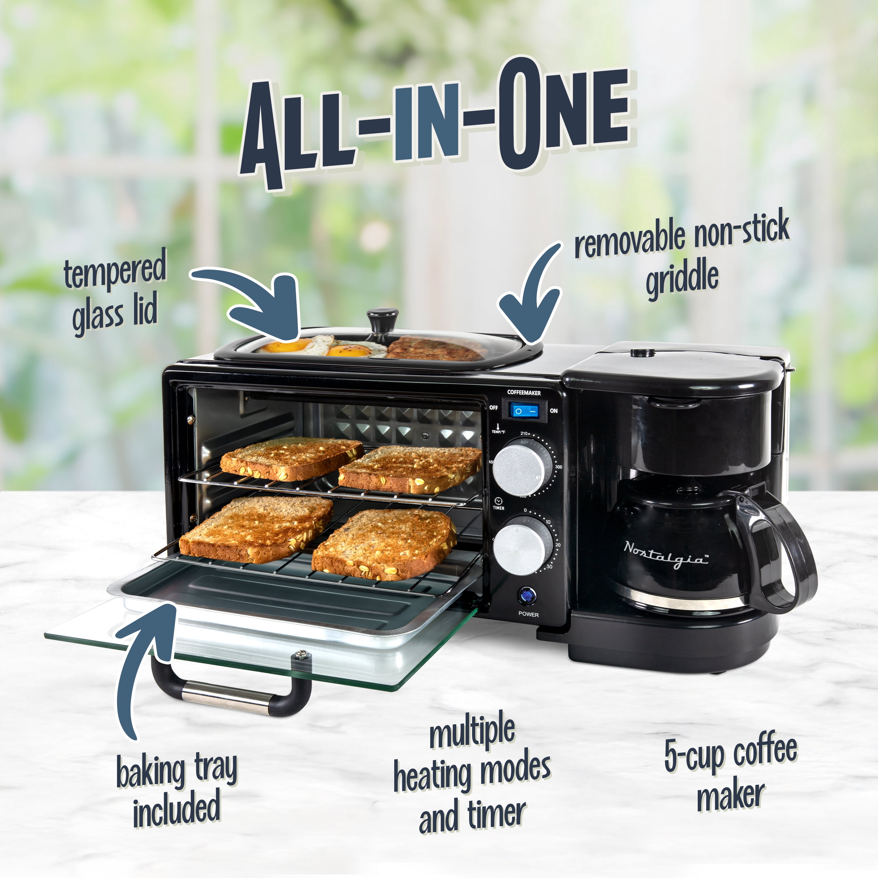 Nostalgia Retro 3-in-1 Breakfast Station with Coffeemaker, Griddle, and Toaster Oven, Black