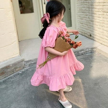 

Summer Girl Cotton Cute Sweet French Style Puffed Sleeves Mid-Calf Skirt With Flounces Solid Color Dress In Red And Yellow