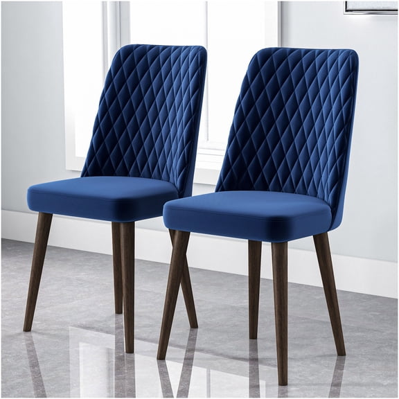Mid-Century Modern Velvet Dining Chairs Set of 2 - Blue Upholstered Solid Wood Accent Chairs for Kitchen Dining Room