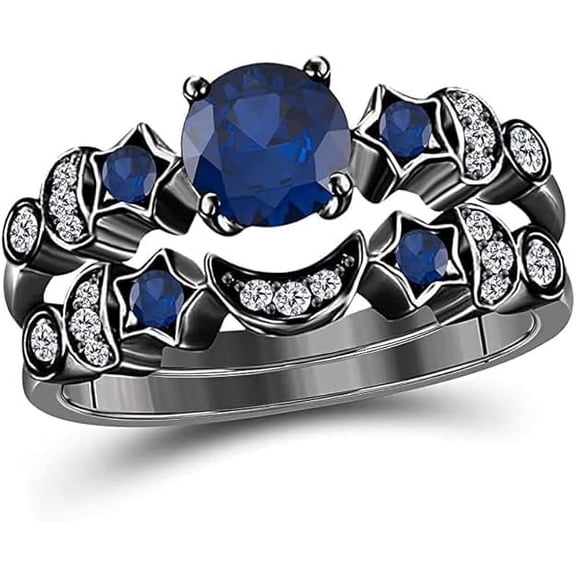 Gems Jewels 14K Black Gold Plated 2.28 Ct Round Cut Blue Sapphire Wedding Engagement Thanksgiving Christmas Bridal Ring Set 925 Sterling Silver For Women's -5