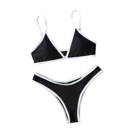 UTSJKR Deals Women Triangle High Cut Bikini Sets Color Block Split Style Sexy High Waisted Thong String 2 Piece Swimsuit Black S