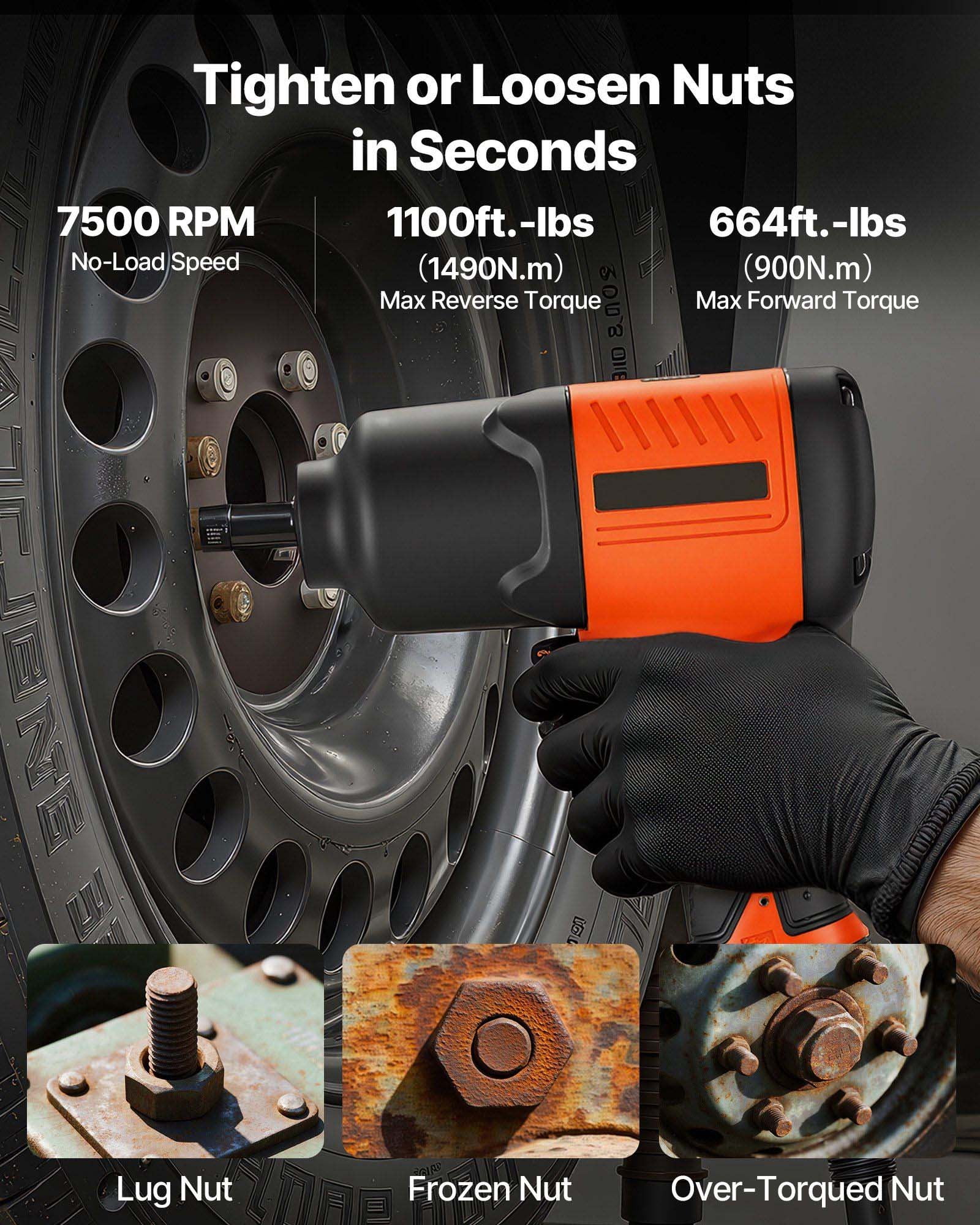 1/2" Drive Air Impact Wrench - 1100 ft-lbs Pneumatic Impact Gun, 7500 RPM, 4-Speed Adjustable, Lightweight for Auto Repair & Vehicle Maintenance