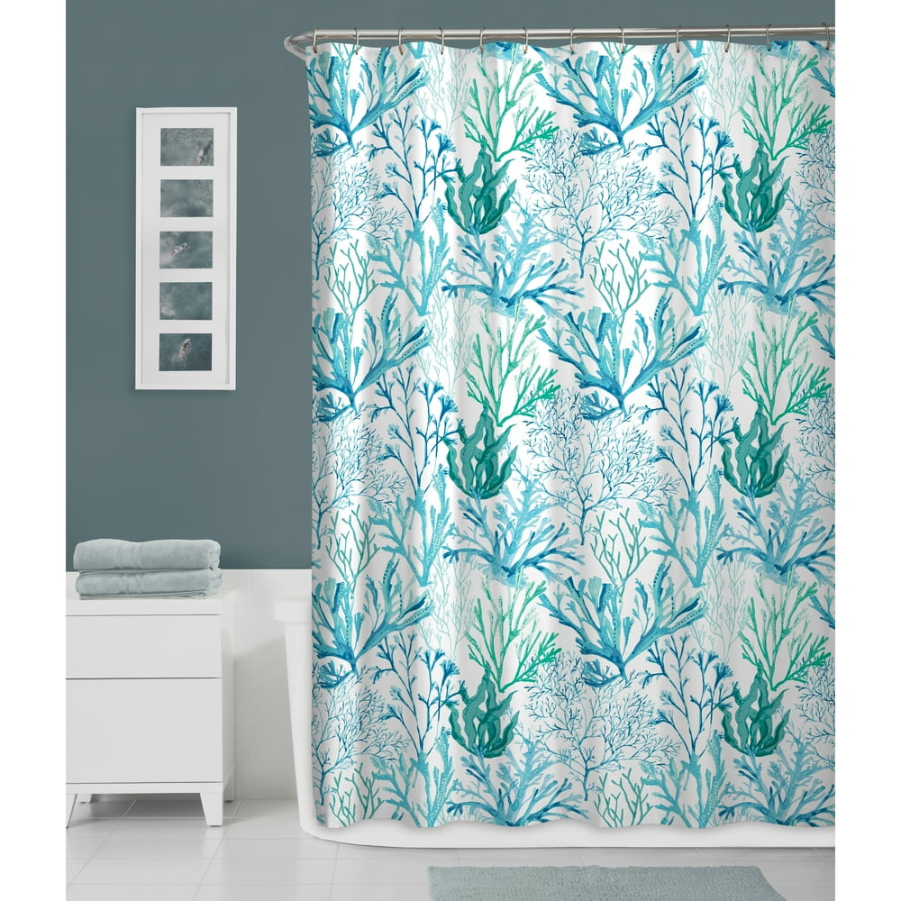 Zenna Home Coral Dream Fabric Shower Curtain, Blue and Green Walmart