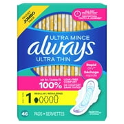 Always Pads, Ultra Thin with Wings, Size 1, Regular, 46 Count