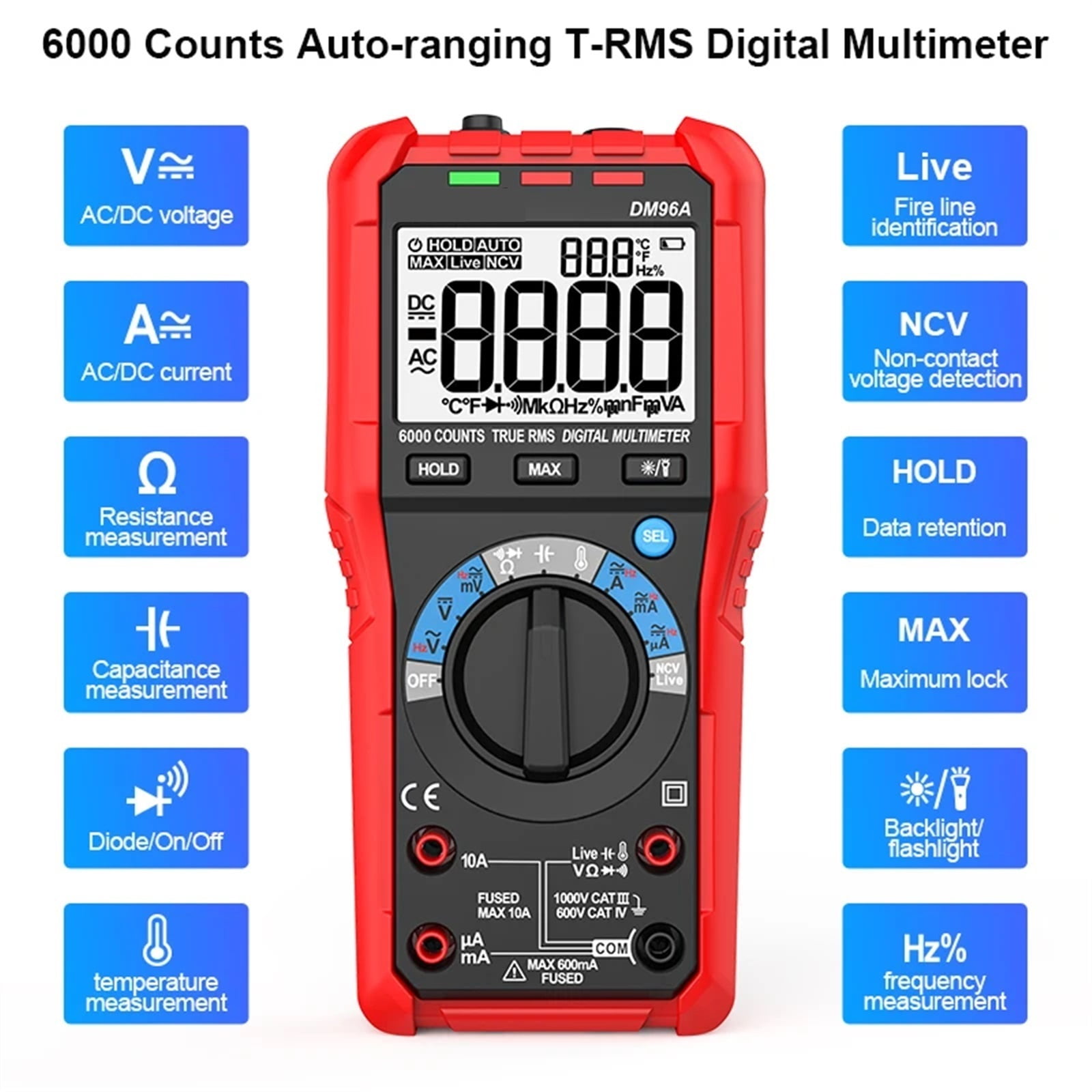 Multimeter Digital Smart Voltmeter AC DC Current Voltage Multi Tester Auto Range 6000 Counts LCD NCV Firewire Capacitor ,High Accuracy