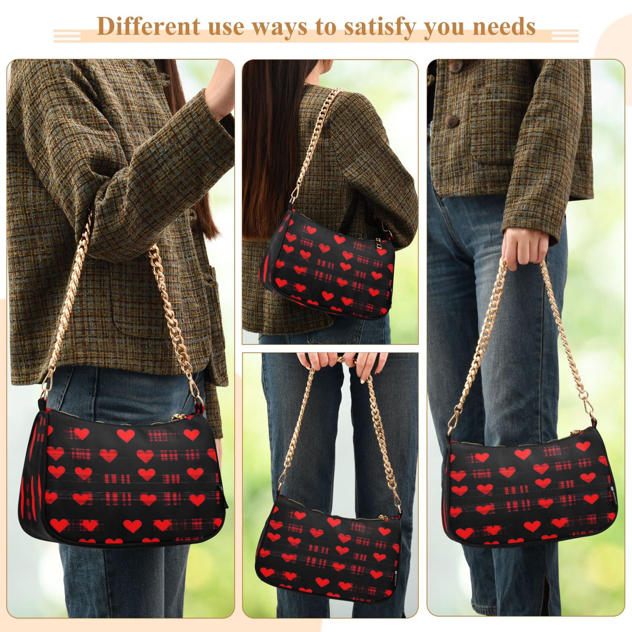 Ryvnso Hearts Valentine's Day Womens Chain Shoulder Bag Tote Handbags Clutch Hobo Purse with Zipper for Travel