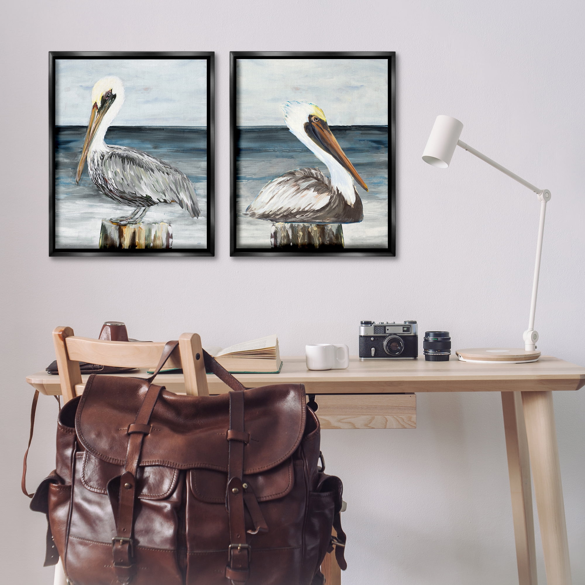 Stupell Industries Beachfront Pelican Log Animals Painting Black Floater Framed Canvas Art Print Wall Art, 31 x 25, Set of 2