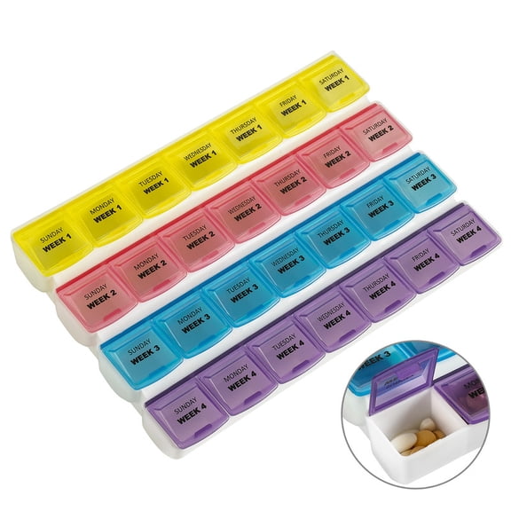 Monthly Pill Organizer - 28 Day Monthly Pill Planner to Separate Pills & Vitamins Week to Week, Travel Medication Reminder Daily Monday to Sunday Compartments