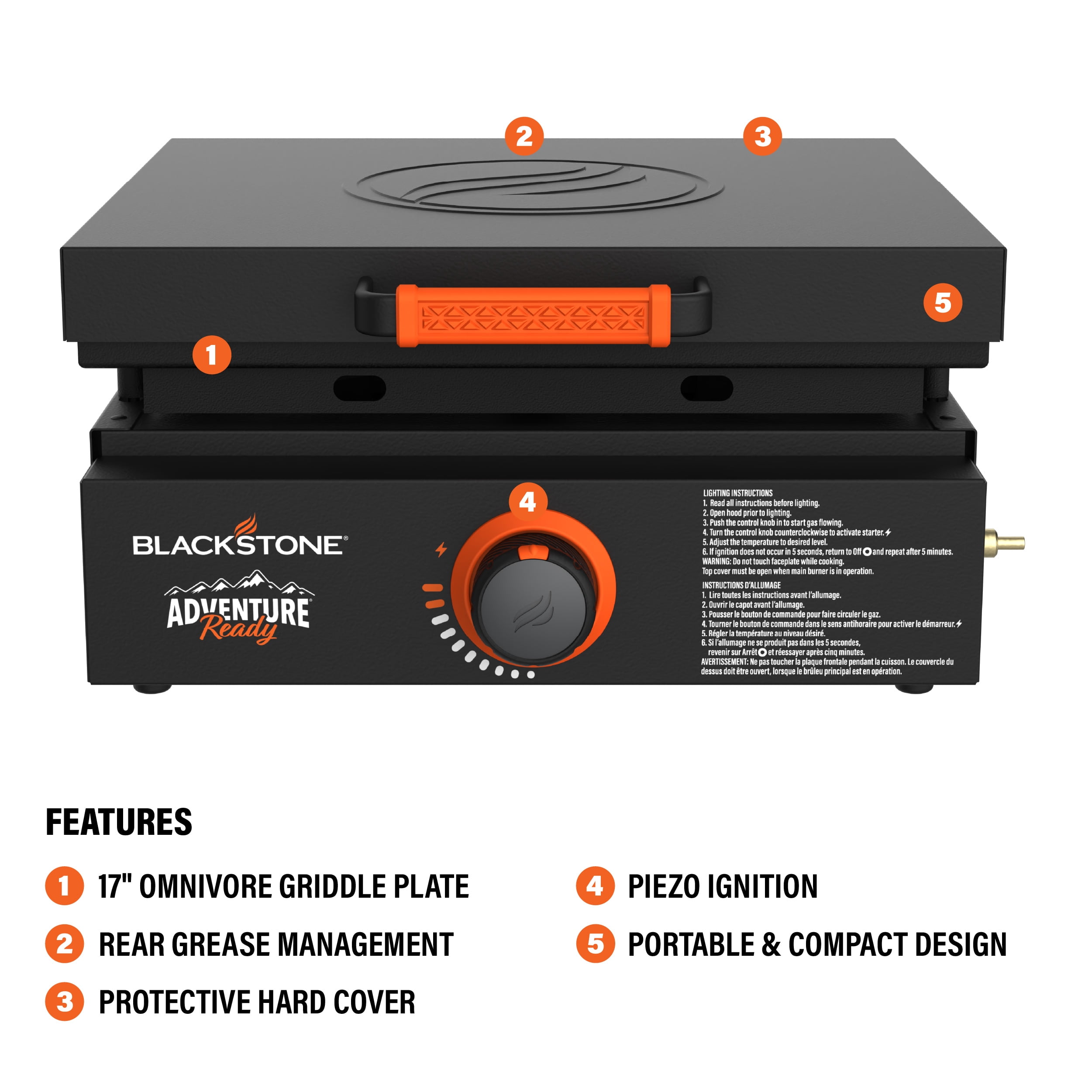 Blackstone Adventure Ready Outdoor Griddle, Single Burner 17" Propane Flat Top Grill, Black