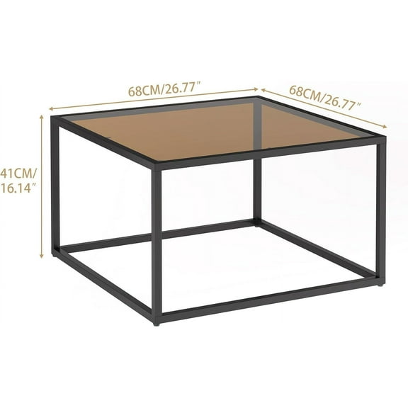 Glass Coffee Table - Tempered Glass Square Coffee Tables with Metal Frame, Modern Living Room Home Office Table, Dark Brown, 26.77" x 26.77" x 15.75"