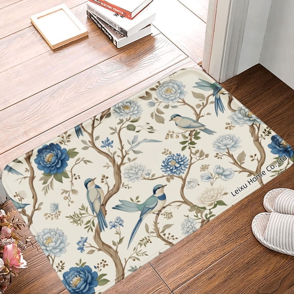 FJPT Non Slip Flannel Polyester Floor Mat With Blue Flowers And Birds Design For Bathroom Kitchen Bedroom Decor 16x24 inch