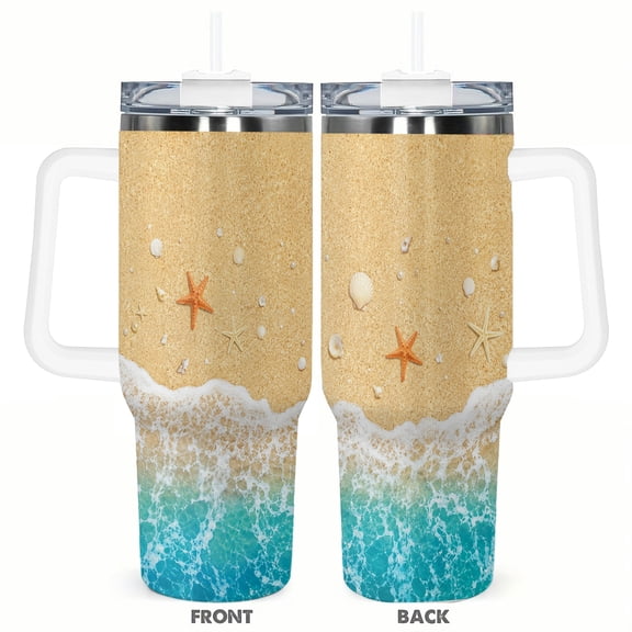 40oz Beach Ocean Tumbler with Handle and Straw Stainless Steel Insulated Travel Coffee Cup Summer Vacation Gift