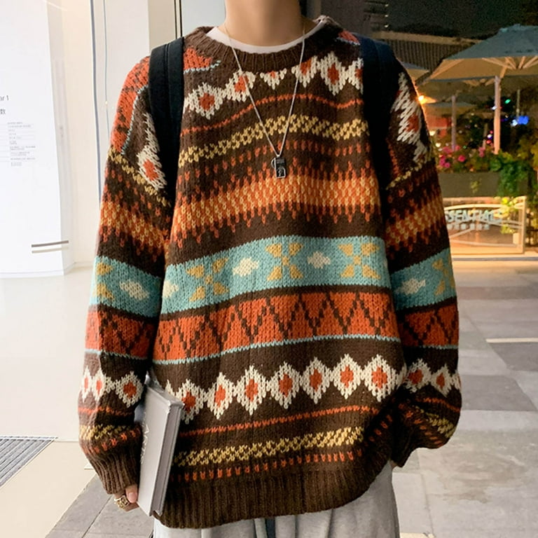 jsaierl Men\'s Vintage Grandpa Sweaters Oversized Striped Aztec Pattern  Western Sweater Color Block Grunge Hippie Knit Pullover Tops