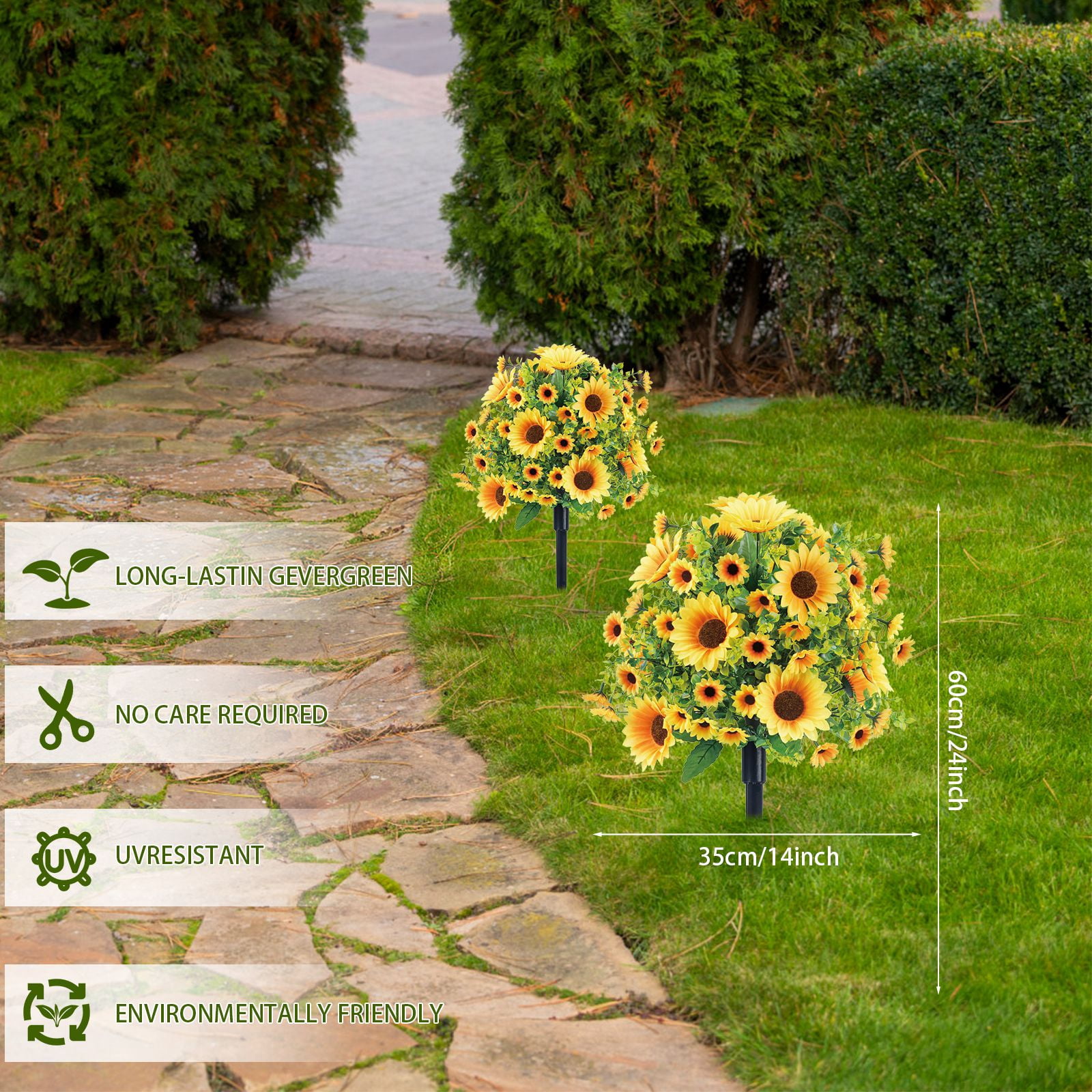 2PCS Artificial Boxwood Topiary Ball Trees with Sunflowers for Outdoor with Ground Spik, UV Resistant Faux Greenery Shrubs, Fake Boxwood Plants for Indoor, Garden, Yard, Porch, Patio Decor