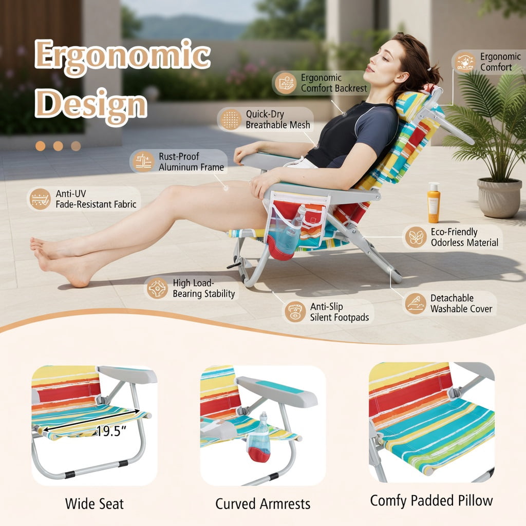 Hommoo 2-Pack Foldable Beach Chairs with Cup Holders, Adjustable Backrest & Storage Pockets, Lightweight Aluminum Frame, Waterproof 600D Oxford Fabric, Multicolor
