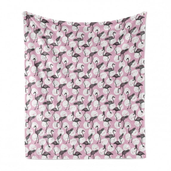 Flamingo Soft Flannel Fleece Throw Blanket, Exotic Birds with Pineapple Body Hand Drawn Botanical Hawaiian, Cozy Plush for Indoor and Outdoor Use, 50" x 70", Baby Blue Charcoal Grey, by Ambesonne