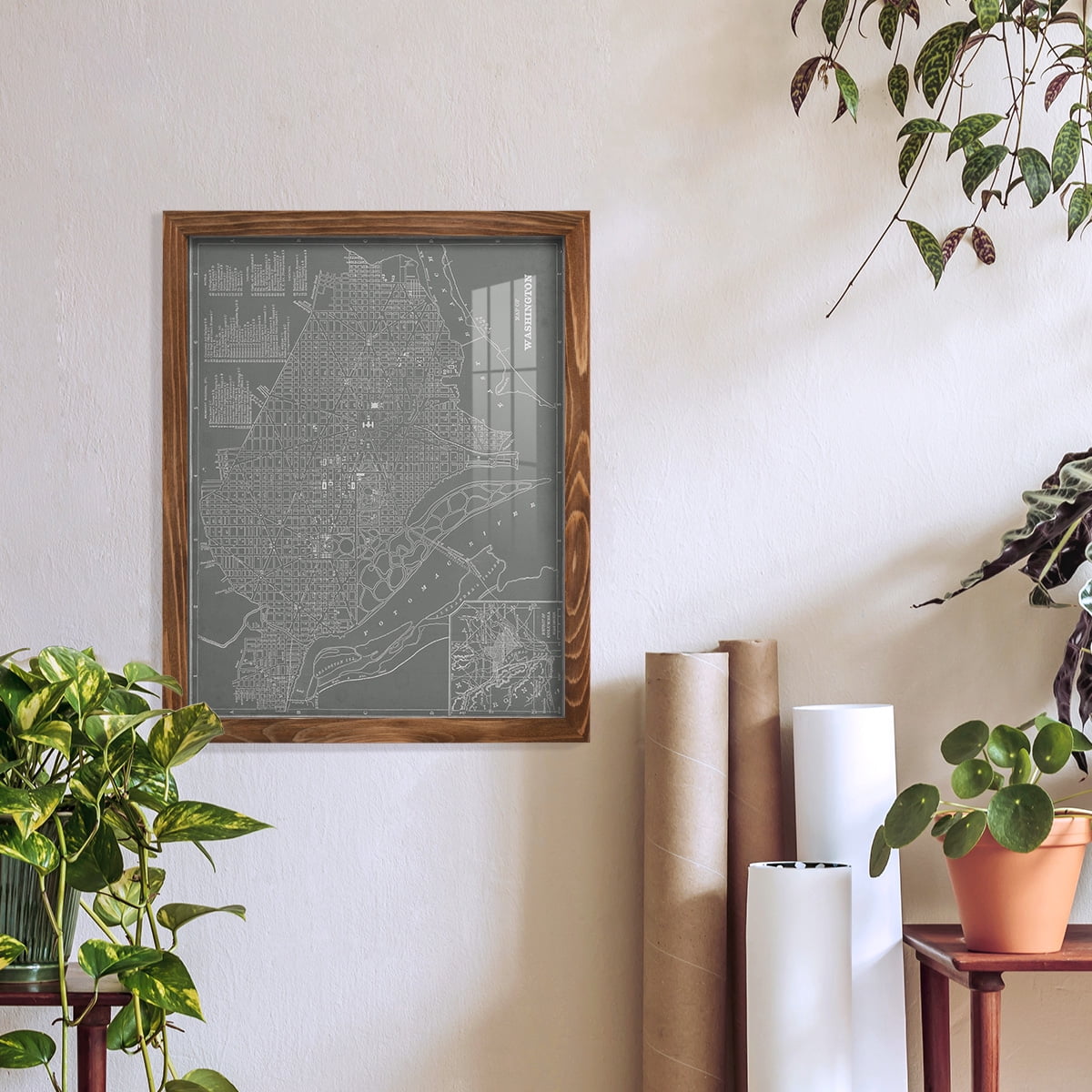 City Map of Washington D.C. -Framed Print w/glass-Walnut