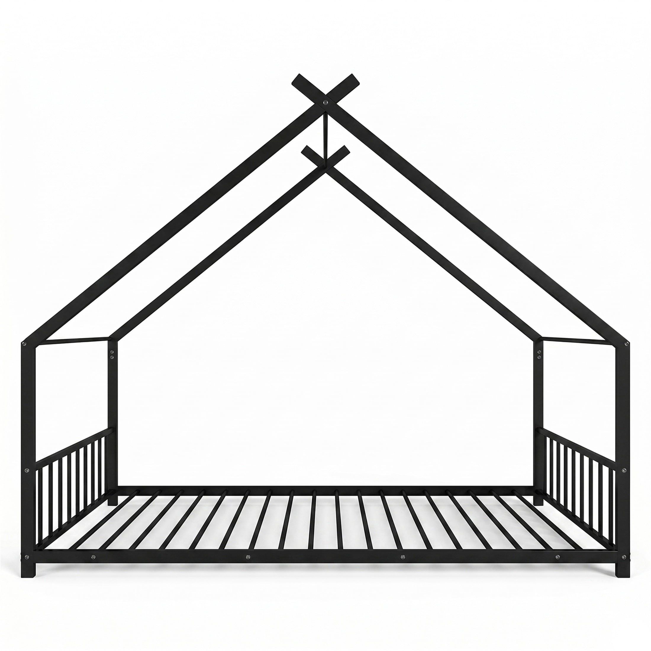 SESSLIFE Montessori Floor Bed, Twin Size Toddler Bed with Roof and Guardrail, House-Shaped Design, No Box Spring Needed, Toddler Bed Frame for Kids, Black