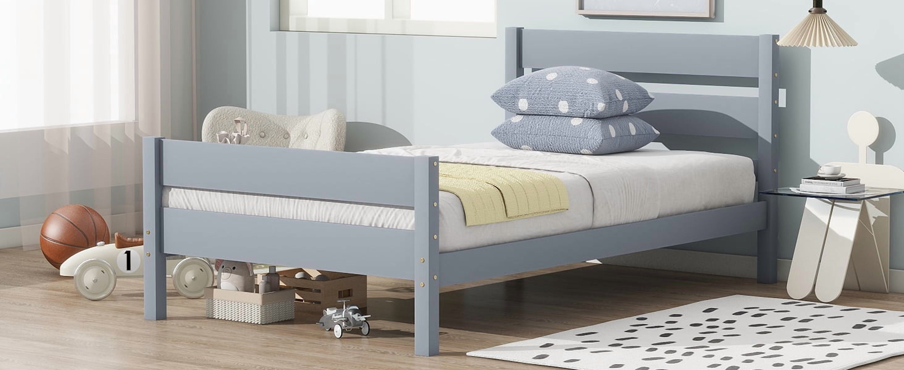 Rubber Wood Twin Platform Bed with Solid Headboard & Footboard, 10 Plywood Slats Underbed Storage Design Holds 250LBS Fits ≤6 Inch Mattress No Box Spring Needed