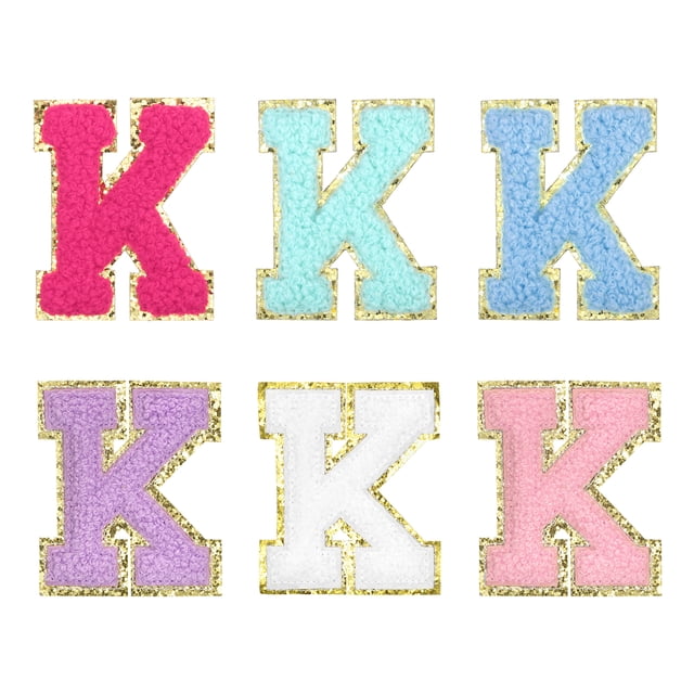 Parche de letras Chenille Uxcell autoadhesivo, alfabeto K, parche bordado (multicolor, paquete de 6)
