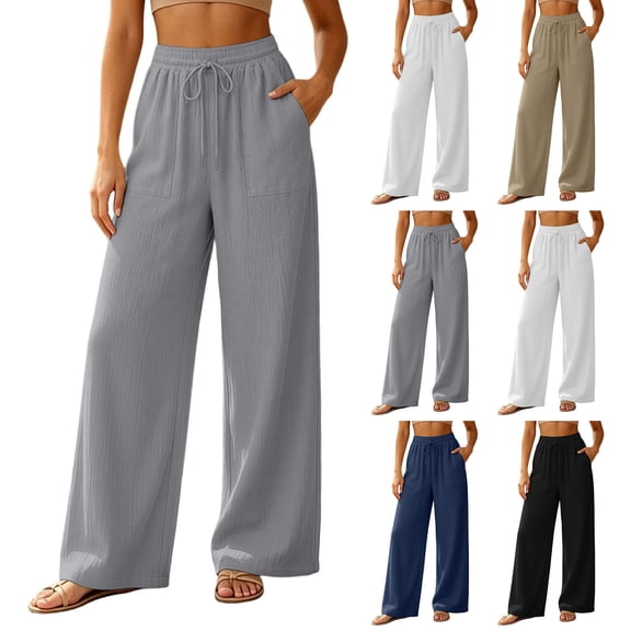 Zynoxe Wide Leg Pants for Women Trendy Breathable Elastic Waist Drawstring Lounge Trousers with Pockets Casual Straight Vacation Travel Pants Black S