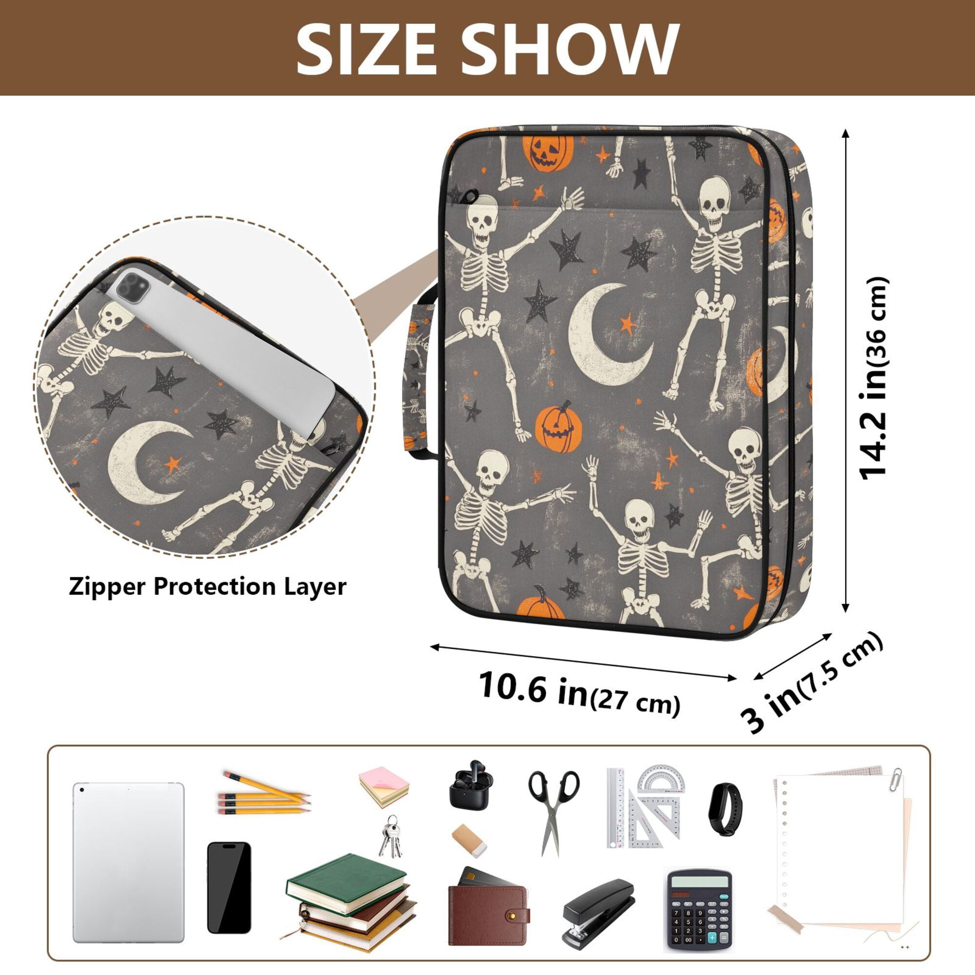 FORMRS Accordion File Folder A4 Size 7-Pocket Expanding Document Organizer Bag with 3 Ring Binder, Gray Halloween Skeleton