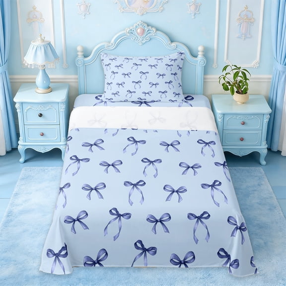 Erosebridal Blue Princess Bow Twin Sheet Sets For Girls,Dreamy Bowknot Kids Bedding 3 Pieces