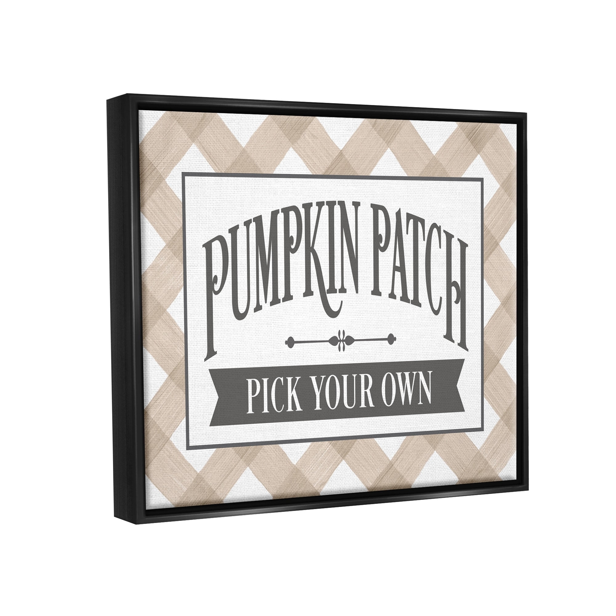 Stupell Industries Pumpkin Patch Country Sign Autumnal Beige Plaid Graphic Art Luster Gray Floating Framed Canvas Print Wall Art, Design by Lettered and Lined