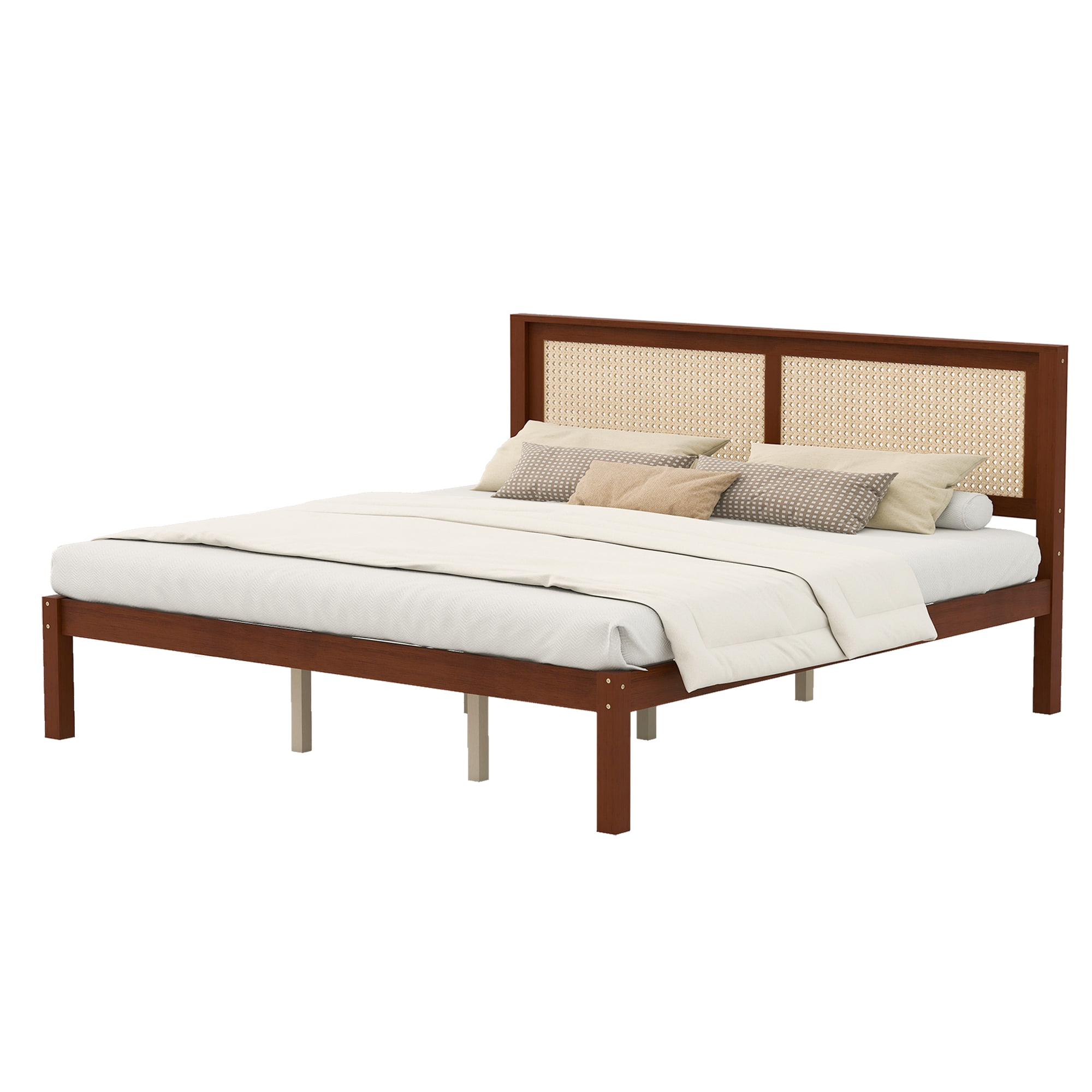 King Bed Frame with Rattan Headboard, Solid Wood Platform Bed and Farmhouse Boho Bed Frame with Under-Bed Storage for Bedroom, Walnut Finish
