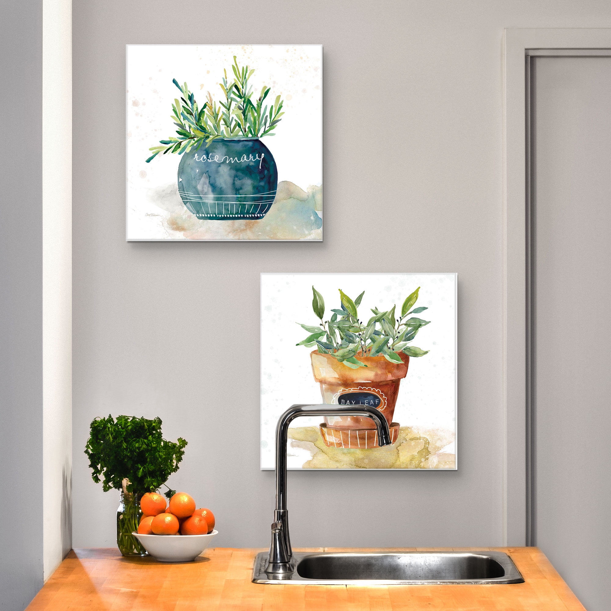 Masterpiece Art Gallery Potted Basil Bay Leaf Rosemary Thyme Herbs By Carol Robinson Canvas Art Print Set Of 4 (12" x 12")