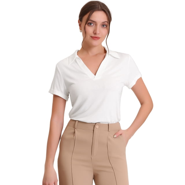 Blusa informal con cuello en V para mujer, blusa de trabajo sólida con manga casquillo y cuello de verano blanco XS