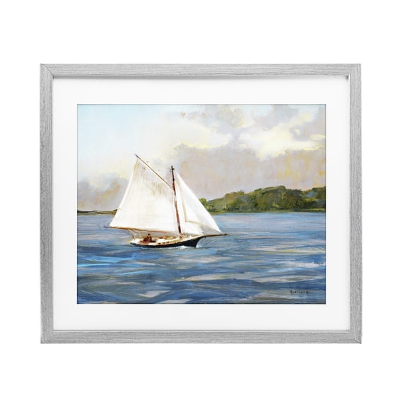 Stupell Industries Traditional White Sailboat on Calm Blue Sea Gray Framed Print Under Glass, 16 x 13, by Katie Swatland