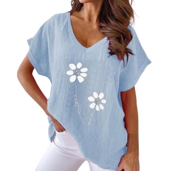 T Shirts For Women Womens Tops Printed V Neck Cotton Casual Bat Short Sleeve T Shirt