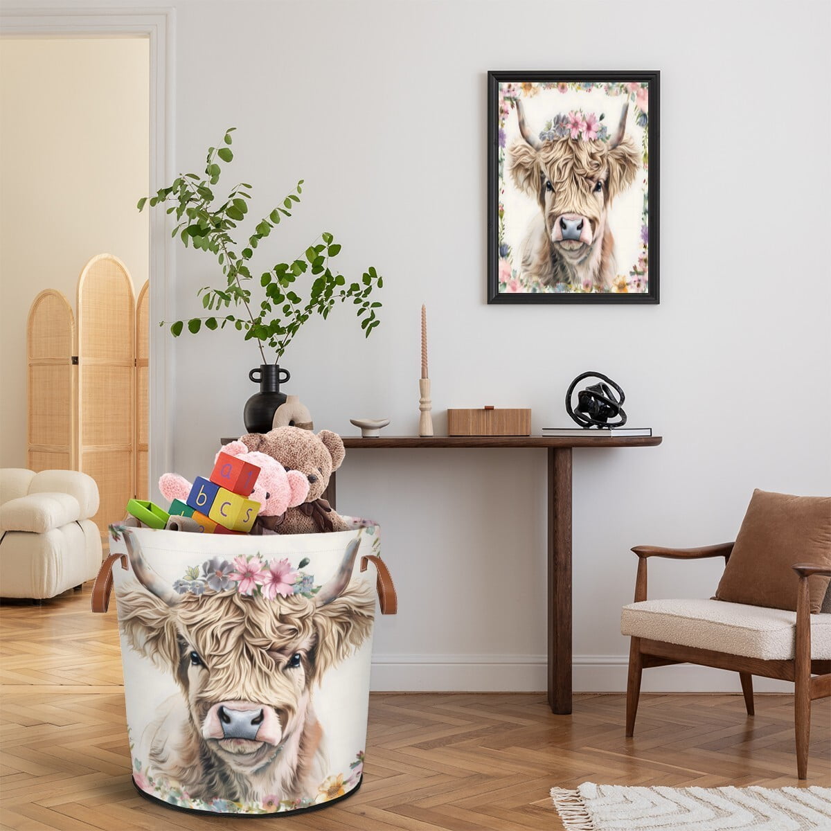 ADECORIVY Highland Cow Laundry Basket Waterproof Collapsible Hamper With Handles Oxford Cloth Dirty Clothes Tote for Bathroom, Bedroom, Living Room